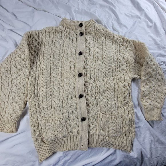 Cladyknit Ireland All Pure Wool Beige Womens Large Cardigan Sweater Warm Casual - Picture 1 of 11
